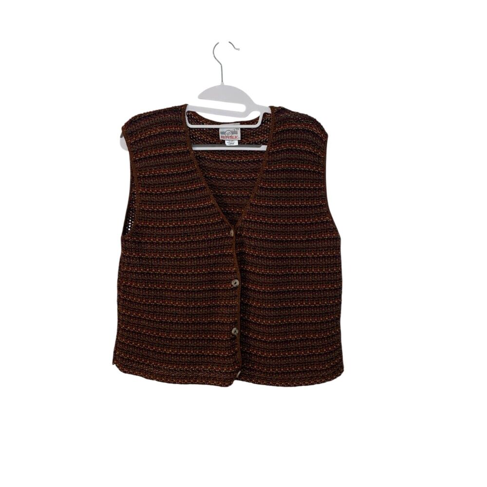 Vintage Denim Republic Multicolor Striped Crochet Knit Vest L USA Boho Cottage